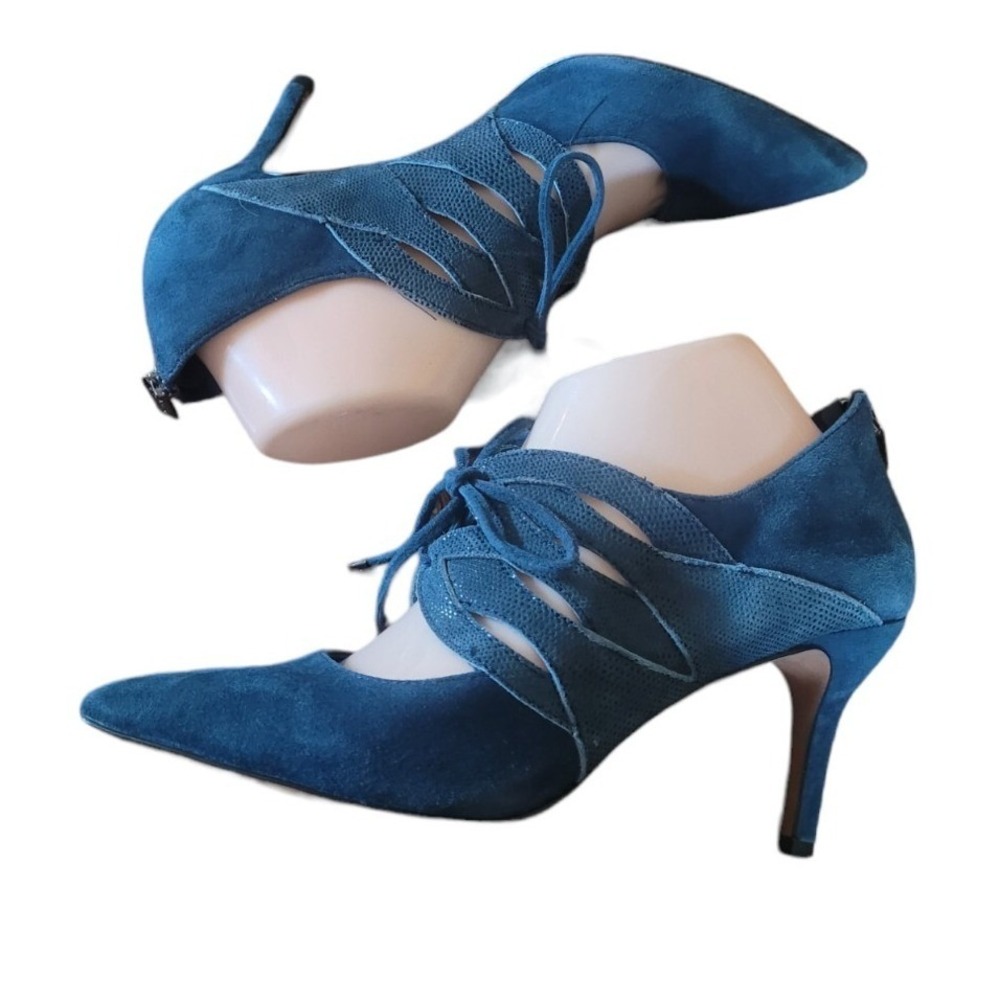 Isola Wedgewood‎ Blue Suede Leather Snake Print Lace-Up Victorian Heel